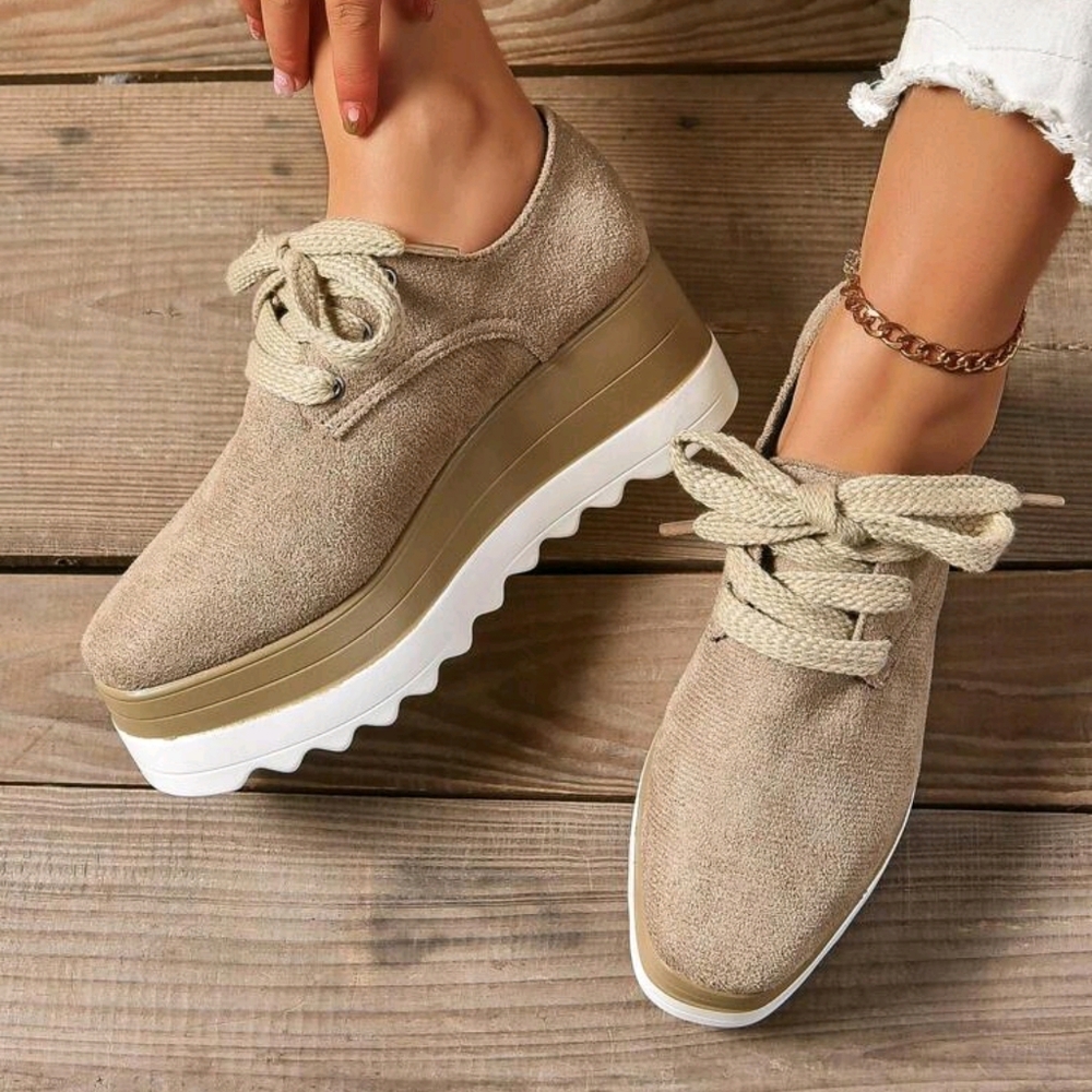 Women's Chunky Platform Lace-Up Suede Oxfords, Khaki Color, Fashionable Casual - Picture 5 of 6